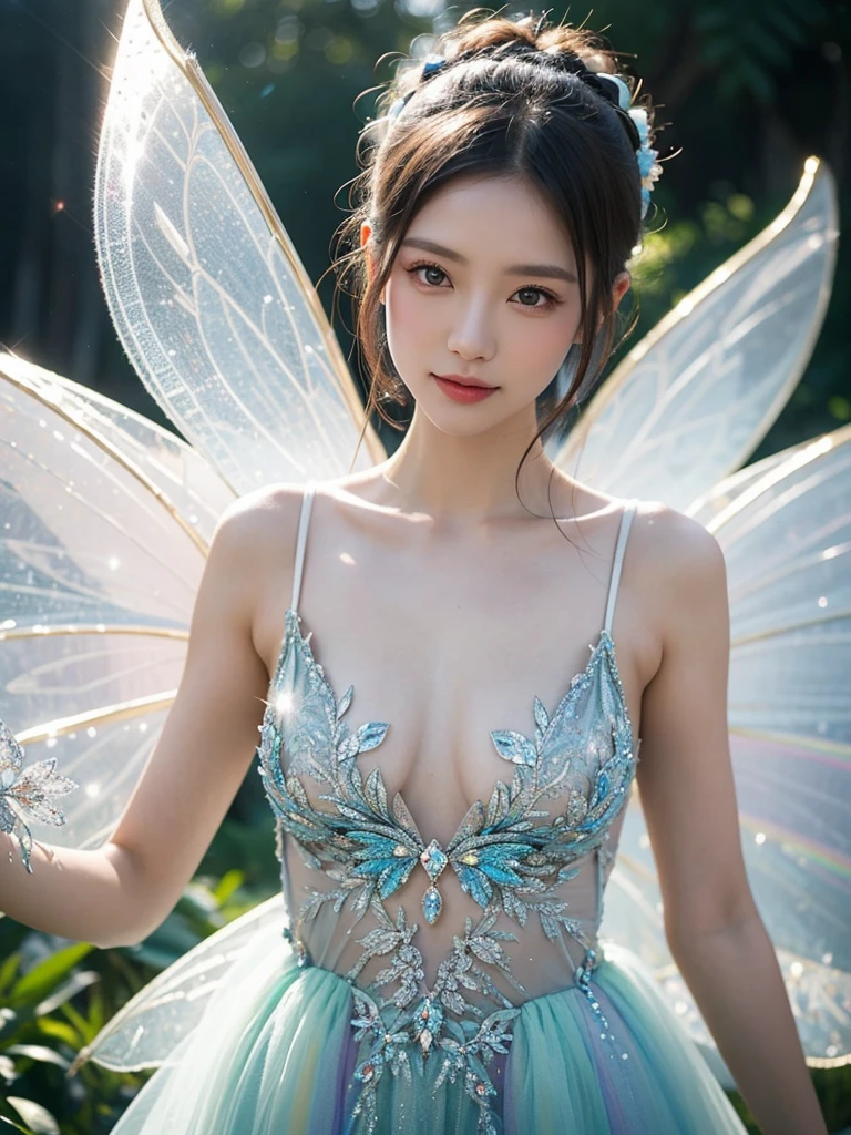 a European woman with pastel rainbow colored fairy wings, sparkling jewels, in a magical fairyland、