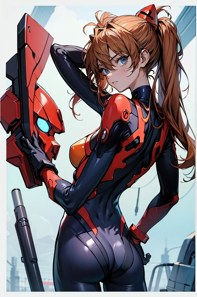 (masterpiece), best quality, expressive eyes, perfect face, 1girl, solo, souryuu asuka langley, interface headset, red bodysuit, standing, badass pose, laboratory background, upper body, portrait, from back