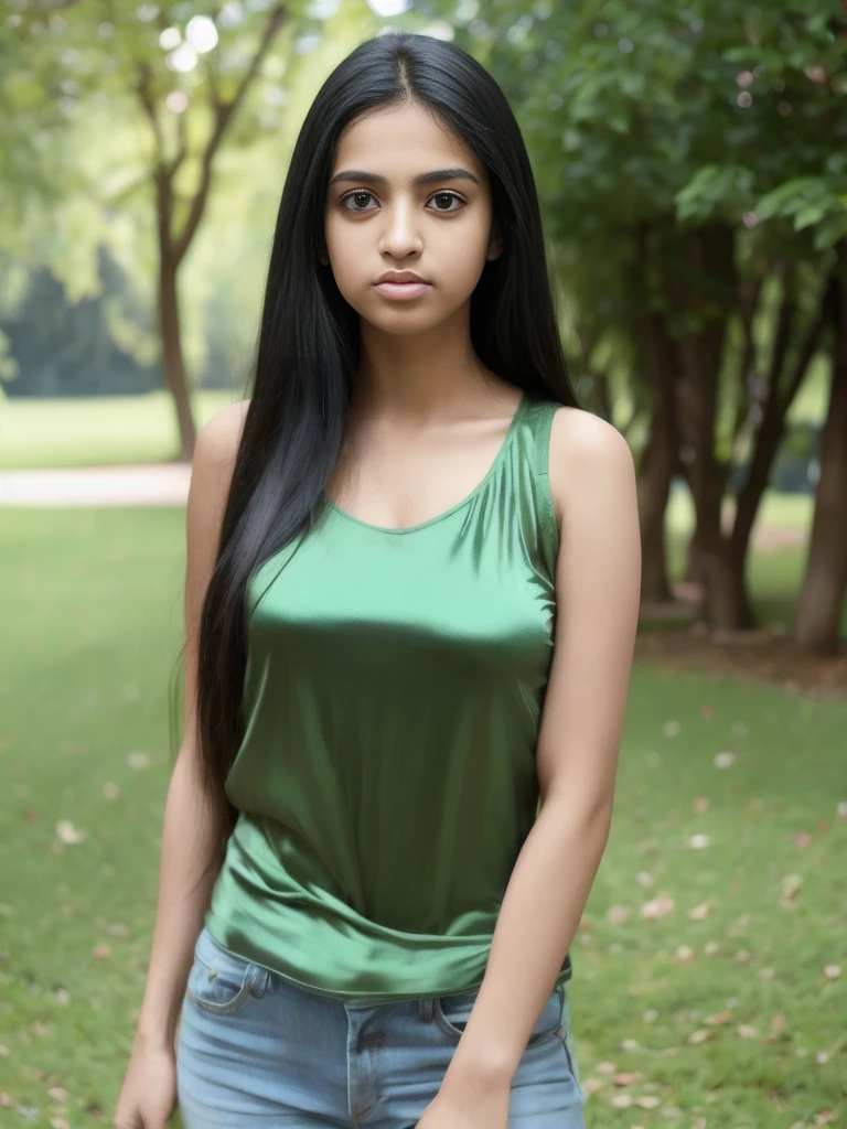 Portrait of 19 years old charming teenager girl, healthy, beautiful Indian woman, very long black hair, cute and serious, naughty and provoking expression to the viewer, ((tight green silk top))), jeans, full body, in the park, sexy, ultra-realistic, photorealistic, detailed, light skin, detailed in 8K, [no worries, NSFW,]