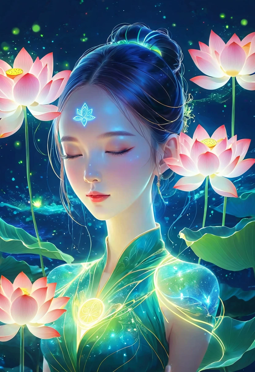 (masterpiece, best quality:1.2), Digital Art Style, Charming illustrations,Peace Pictures,1 girl, beautiful eyes,Hands together,Tall lotus,Solitary,Body Glow,Glowing Line,Fluorescence,Glow Example,Sample trace,flash,萤Light Particles,Backlight,translucent,Light Particles,Correct human anatomy,