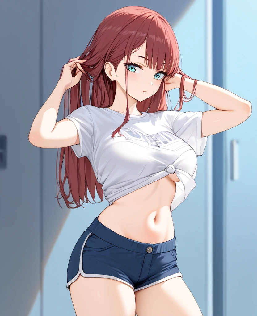 1girl, ultra high res, exposed tummy, shirt, shorts , adjusting hair