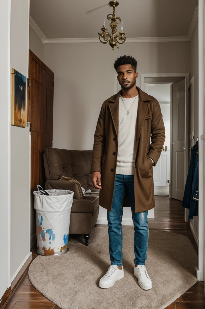 A man is standing in his house with coat and paint full body image with shoes