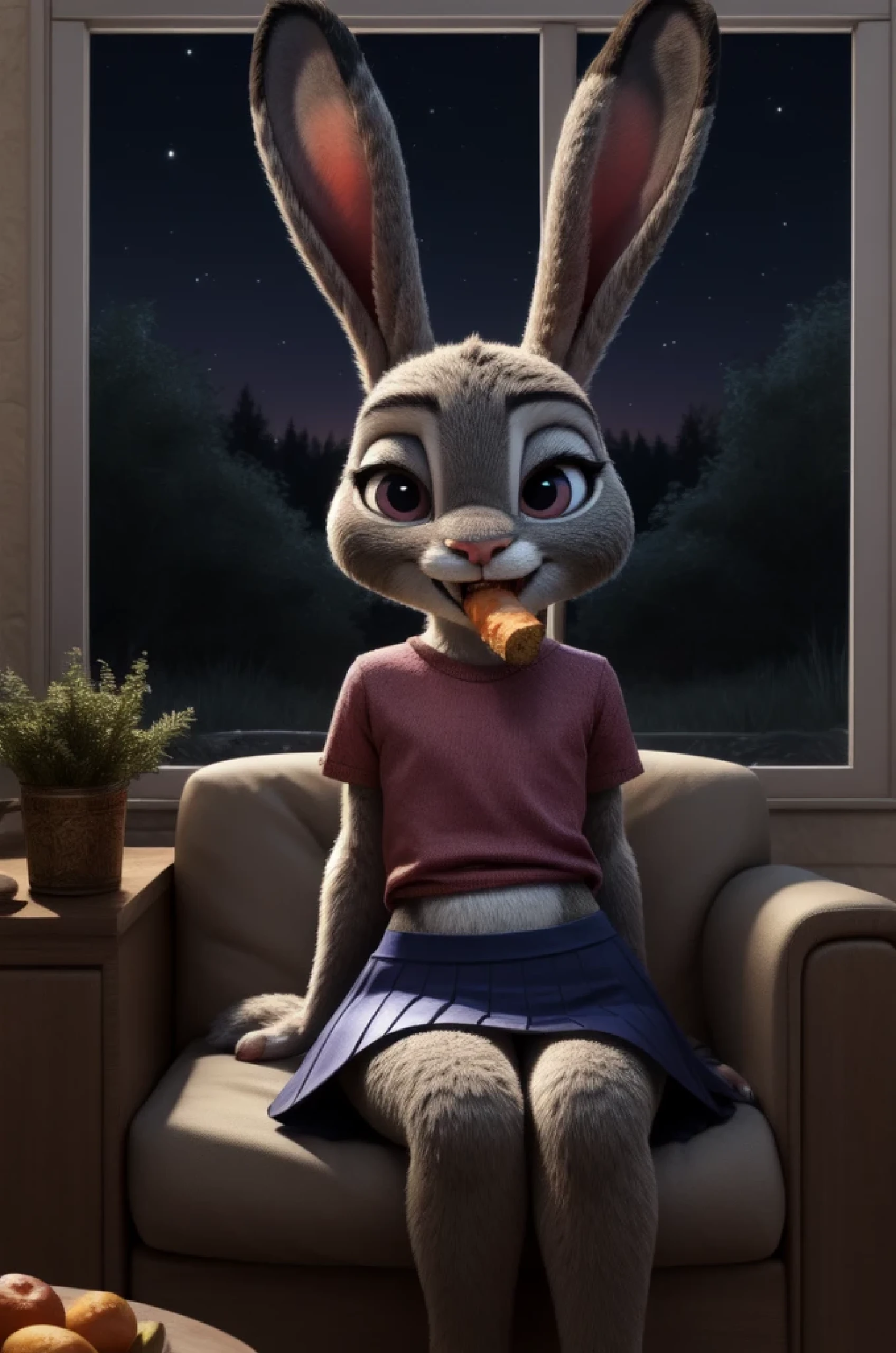 judy hopps, young, POV , human hands, highleg panties , at home, tv on the background, watching tv, , night, forest behind window, skirt , sitting on the lap, eating carrot, seductive, smile