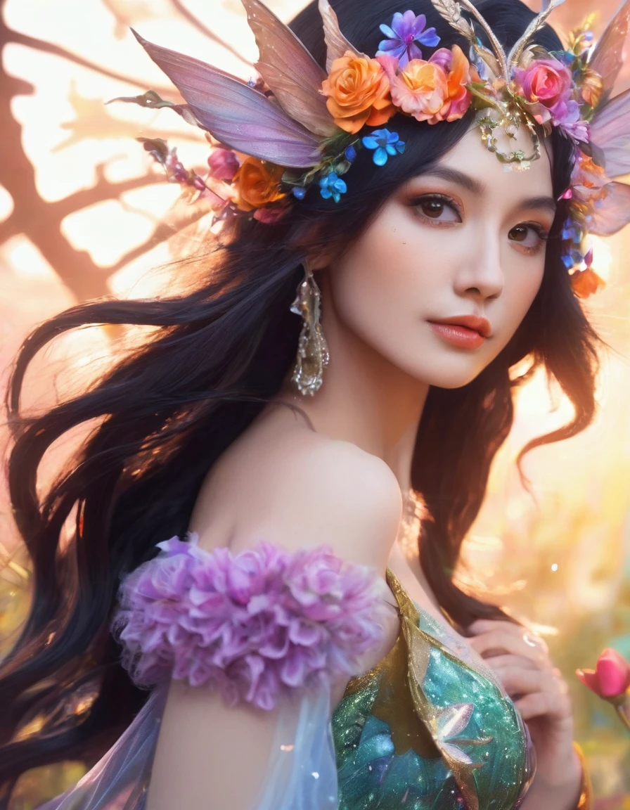 Close-up of busty woman in fairy costume and flower crown, Beautiful fairy, Fantasy art style, Fairy portrait, Fairy portrait, 8k high quality detailed art, Beautiful fairys, Fairy aesthetics, Beautiful fairy, Beautiful fantasy art, colorfull Digital fantasy art, Digital fantasy art ), beautiful adult fairy, Star Fairy, Fantasy Art Behance