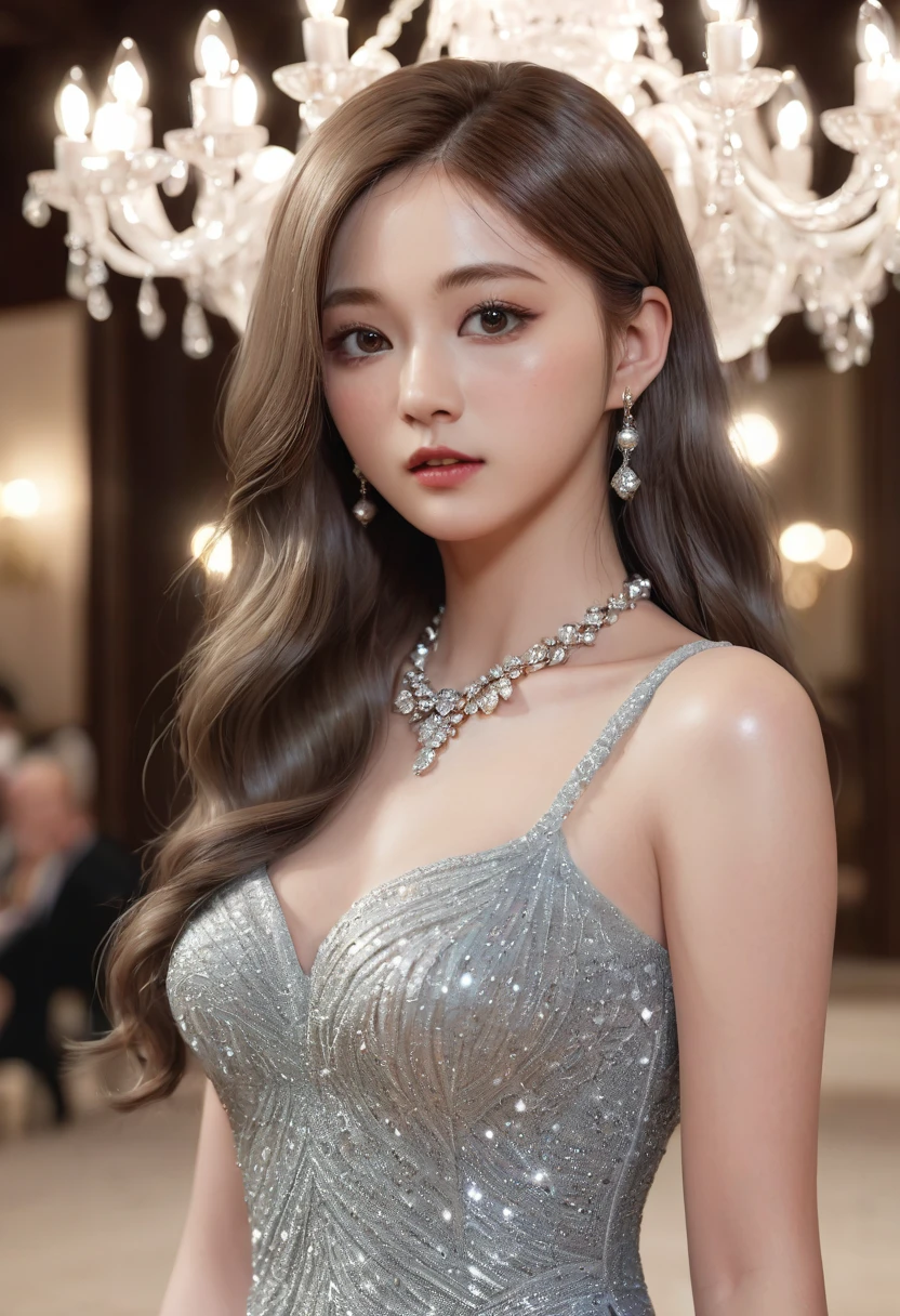 TZ_FACE, photorealistic, Wearing a evening dress, dress by Chanel, ((realistic, masterpiece, Best Quality, 8K, high resolution:1.3)), (illustration:0.7), professional lighting, extremely fine, extremely detailed CG, 1girl, full Shot, good anatomy, K-POP idol, long hair, detailed face, beautiful detailed eyes, beautiful detailed lips, long eyelashes, detailed hair, luxurious Accessories, glittering necklace, floor with luxurious chandeliers, Model Styles,