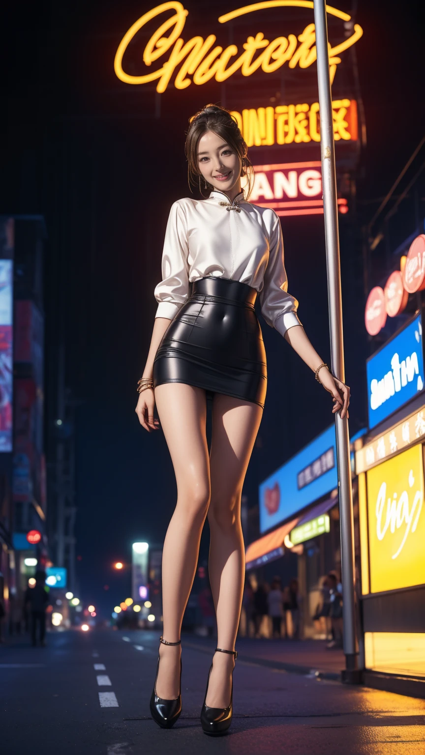 ((masterpiece)),(((Highest quality))),((Character design sheet)),Thin thighs,Long legs, One Girl, In the Dark, Deep Shadow, Cute Korean Girl, K-POPアイドル, 1 Girl, (Very slim and slender fit muscular body:1.3), ((View Audience)),(Big smile:1.3), (Fashion City Night, Dark Night, (Neon Signs), (Blurred Background), Fashion Street Night),(No people in the background:1.3), Beautiful earrings, bracelet, pantyhose, Clear Eyes, walk, (Pale skin), (Big eyes), I&#39;m looking forward to, (Brown Hair), (Full Body Shot), ((Silk Chinese Dress:1.3)), ((Tight Fit Dress)), , (View Audience:1.3) Open chest, Very slim, Huge , Backtrack, (shrapnel), I focus, In front of eyebrows,(Tight dress), Thick thighs,Beautiful ponytail