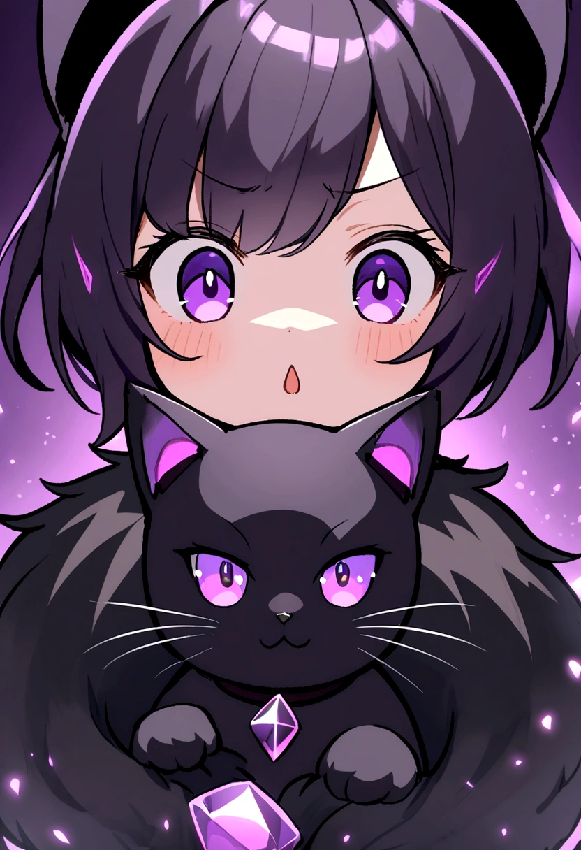 Sassy black cat,purple eyes,purple gems stones on fur,black fur,purple glow,cute