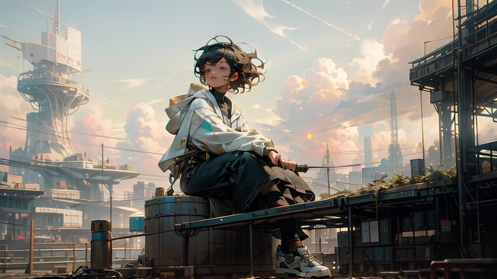 1 young asian girl, short hair, sitting, looking up at the sky, futuristic buildings, golden flying airship in the blue sky with flowing clouds, smiling, boyish, thin, wearing black shorts, white hoodie, black sneakers, (best quality,4k,8k,highres,masterpiece:1.2),ultra-detailed,(realistic,photorealistic,photo-realistic:1.37),cinematic lighting,beautiful detailed eyes,beautiful detailed lips,extremely detailed eyes and face,long eyelashes,intricate details,vibrant colors,dynamic composition,Short mash hair, short cut hair, blonde hair color, turquoise eyes