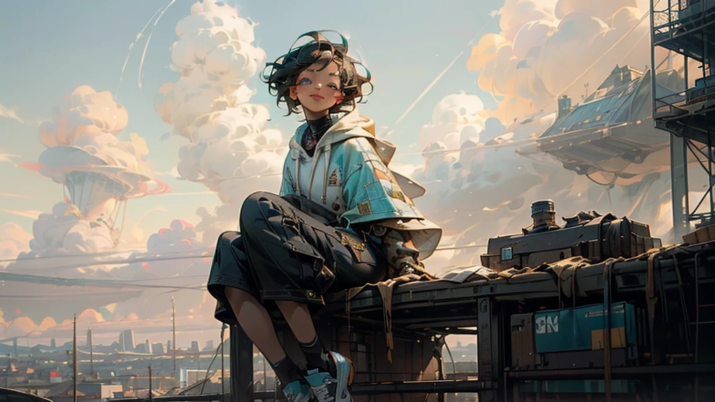 1 young asian girl, short hair, sitting, looking up at the sky, futuristic buildings, golden flying airship in the blue sky with flowing clouds, smiling, boyish, thin, wearing black shorts, white hoodie, black sneakers, (best quality,4k,8k,highres,masterpiece:1.2),ultra-detailed,(realistic,photorealistic,photo-realistic:1.37),cinematic lighting,beautiful detailed eyes,beautiful detailed lips,extremely detailed eyes and face,long eyelashes,intricate details,vibrant colors,dynamic composition,Short mash hair, short cut hair, blonde hair color, turquoise eyes