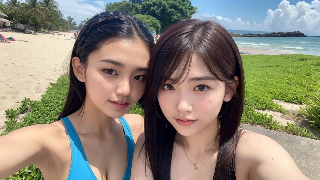 Indonesian girl 20-year-old  Hairstyle Casual, F Cup Breasts  wearing  swimsuit and selfie with her friend at beach