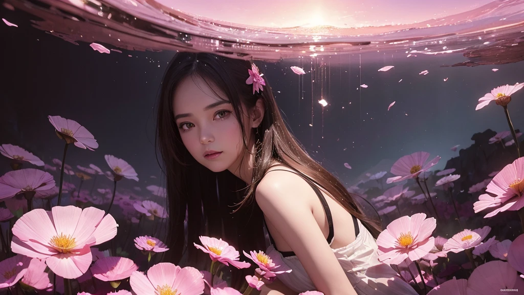 32k, Masterpiece, Highest quality, One girl, Detailed eyes, flower,Sandersonia, Pink and brown style,A dreamy, romantic piece,Pale pink, Mysterious Leaves,A playful arrangement,Fantasy,High Contrast,Ink strokes,explosion,Exposure, Impression of pink and brown tones,Abstract,((Watercolours by John Berkey and Jeremy Mann )) Brush strokes,Negative Space, Tyndall effect,