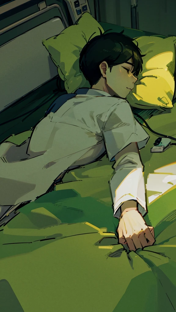 1 boy, lying down, in a coma, sleeping lying in bed, hospital clothes light green, medical equipment, hospital bed, hospital room, body with blood.