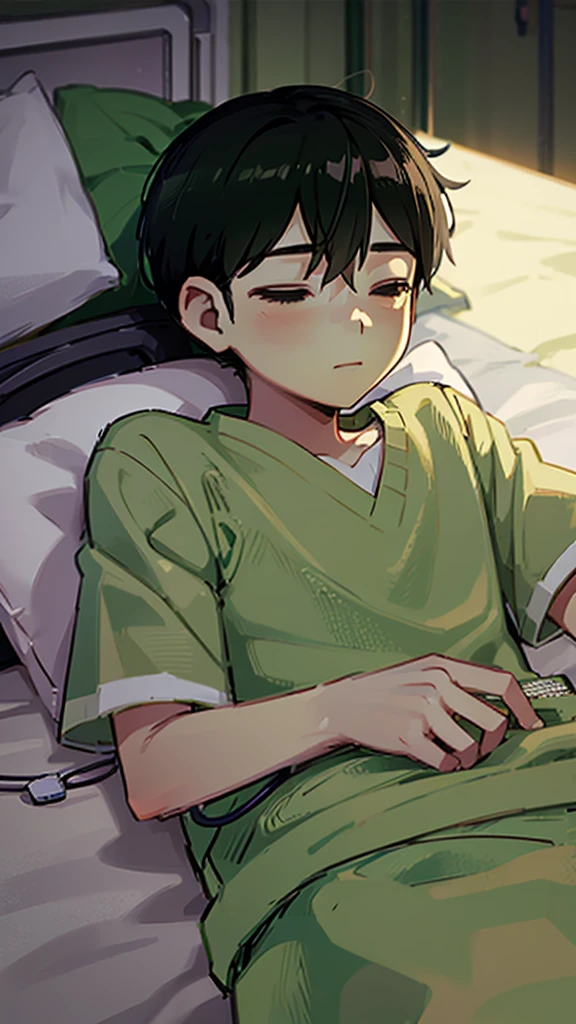 1 boy, lying down, in a coma, sleeping lying in bed, hospital clothes light green, medical equipment, hospital bed, hospital room, body with blood.