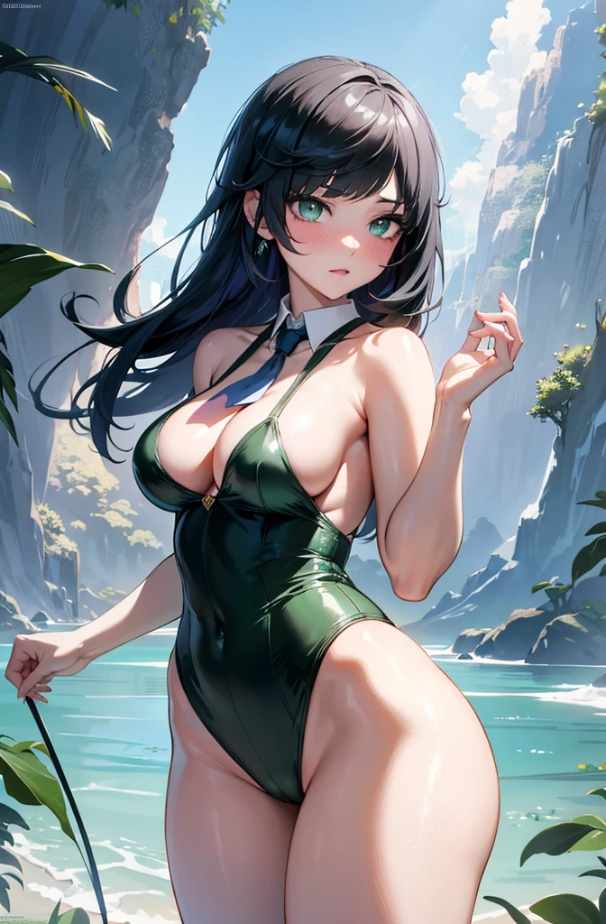perfect body, sensual cleavage, medium breasts, feminine suit and tie, wearing Ultra HD tight shorts, 4k image, best image quality, (fidelity: 1.4), photoreal, light green eyes, eyelashes, beautiful pupil, shadows, light blush, delicate facial features, reasonable facial features, exposed waist, natural poses, showing her beauty, half naked