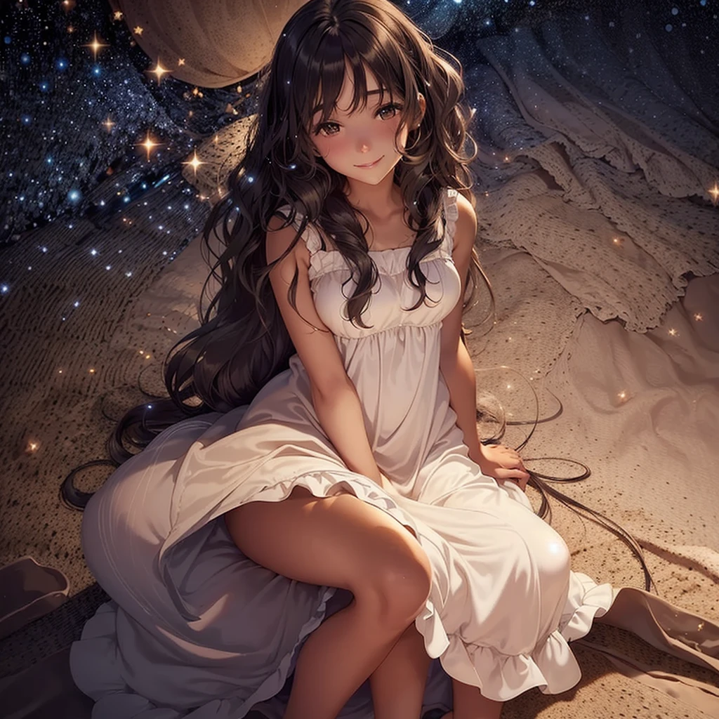 Girl with tan skin and very long wavy dark hair thats wavy sitting down under the stars smiling with a magical night dress