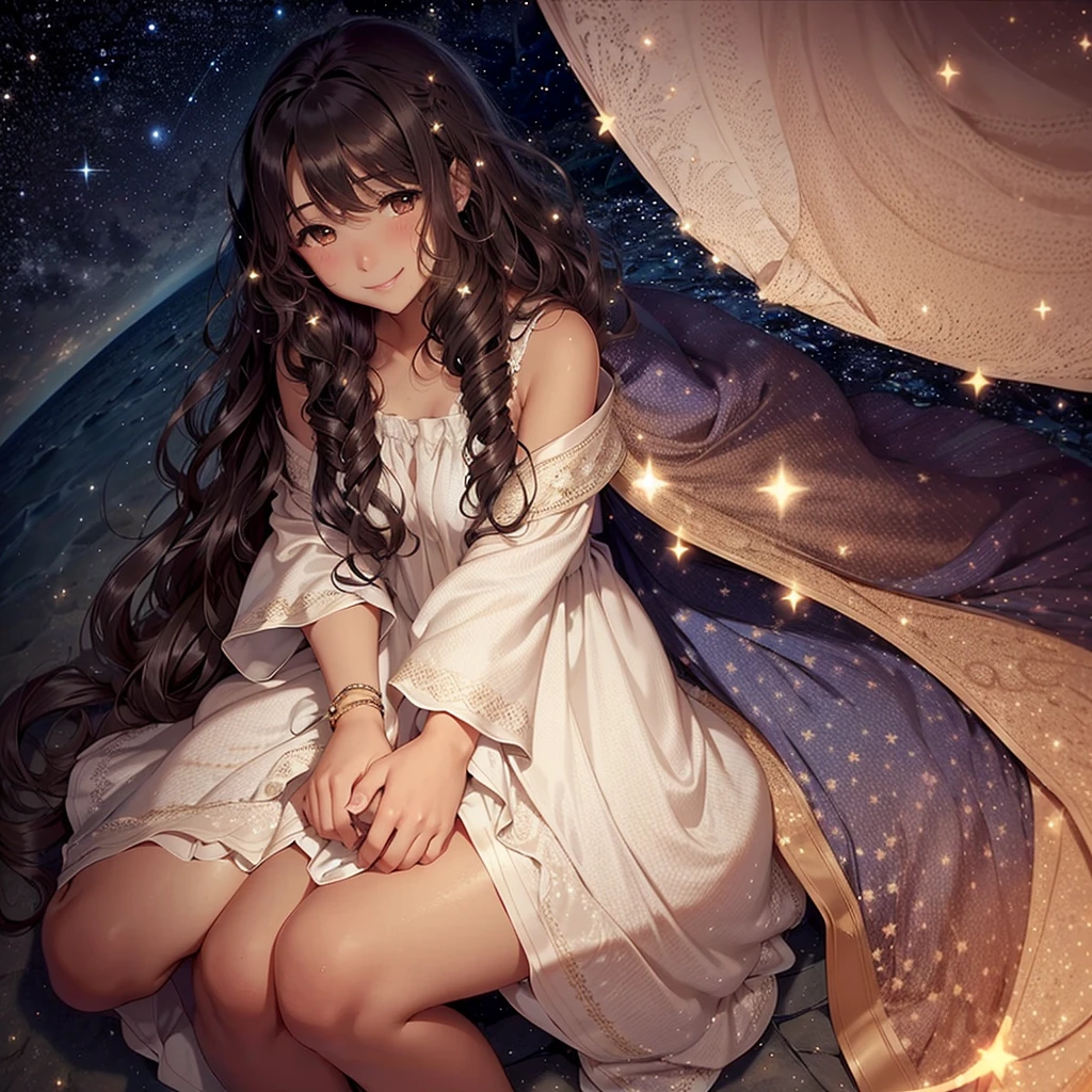 Girl with tan skin big and very long wavy dark hair thats wavy sitting down under the stars smiling with a magical night dress