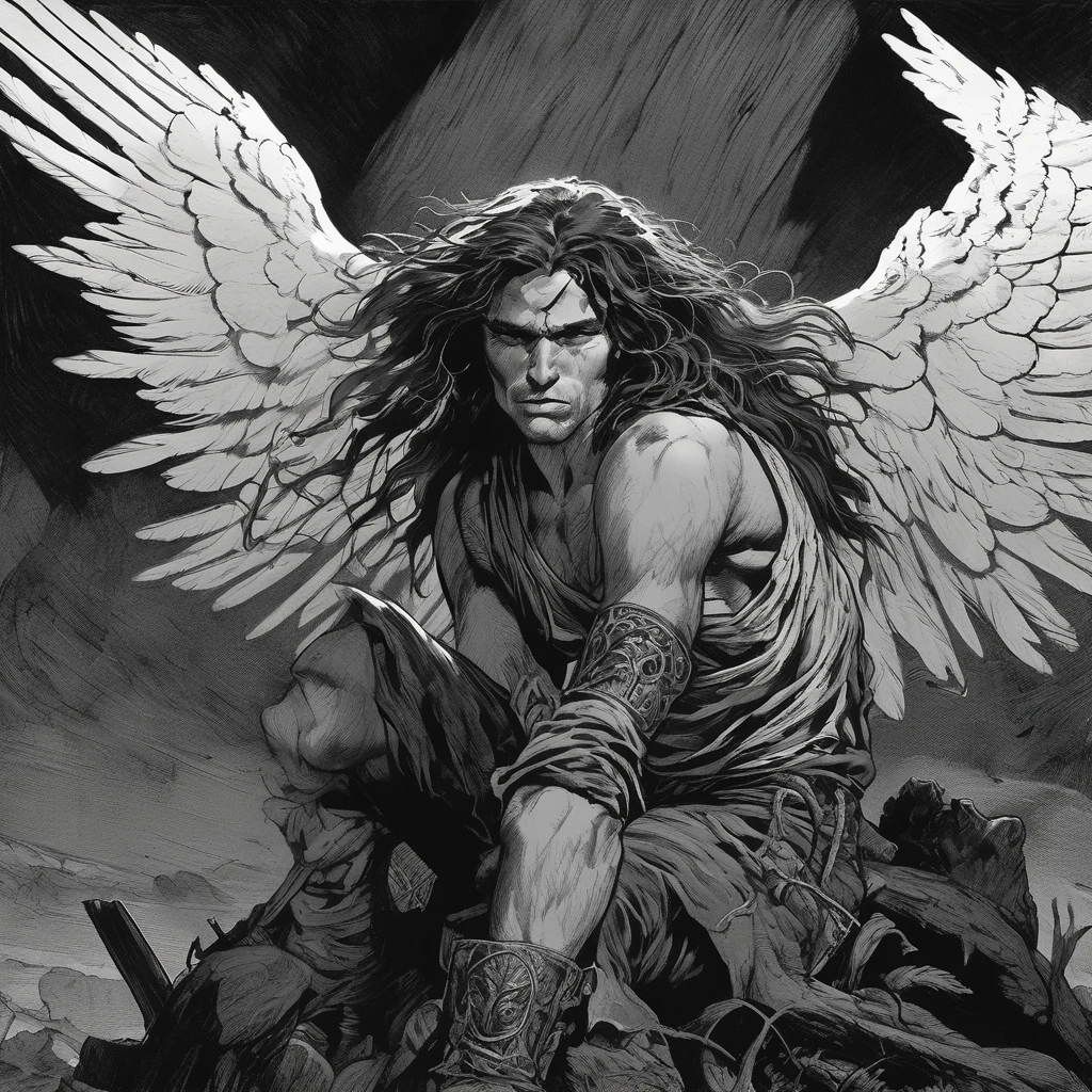 a fallen angel,a young man,long hair,sultry,black and white,book illustration,frank frazetta style,taunting,detailed face,beautiful detailed eyes,beautiful detailed lips,extremely detailed face,intricate wings,moody atmosphere,dramatic lighting,dark and gritty,high contrast,cinematic composition,chiaroscuro,masterpiece,ultra-detailed,photorealistic,vivid colors,dramatic