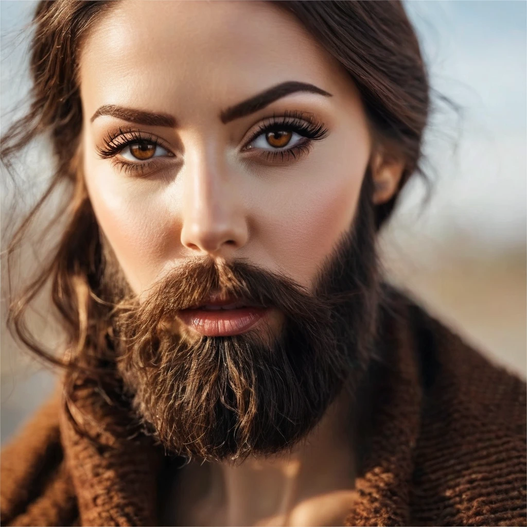 
bearded bearded woman, brown hair, amber eyes, makes a smack