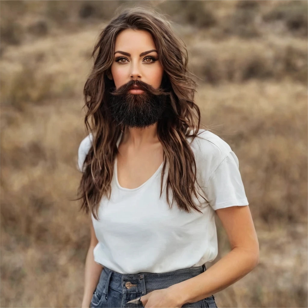 
bearded bearded woman, brown hair, amber eyes, makes a smack