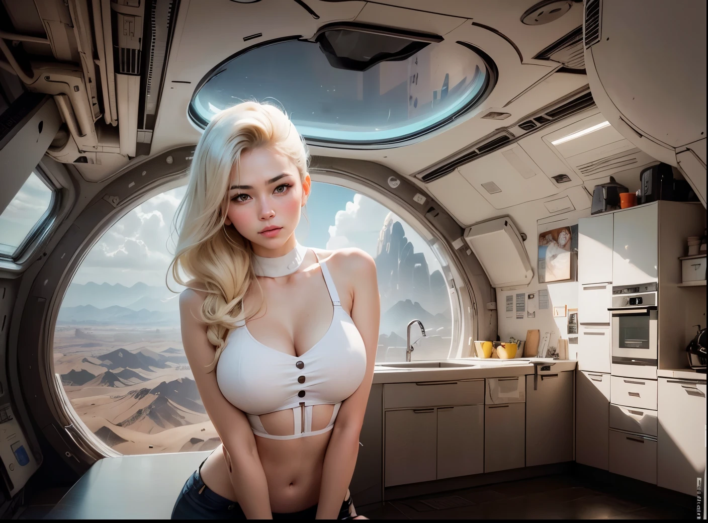 blond woman in white bra top posing in a space station, in a futuristic spaceship, cyborg - girl with silver hair, in a spaceship, beutiful Japanese girl cyborg, scifi woman, on a spaceship, perfect android girl, girl in space, portrait beautiful sci - fi girl, cute cyborg girl, in a scifi movie, karol bak uhd, futuristic style,Kou Shibasaki, Masami Nagasawa