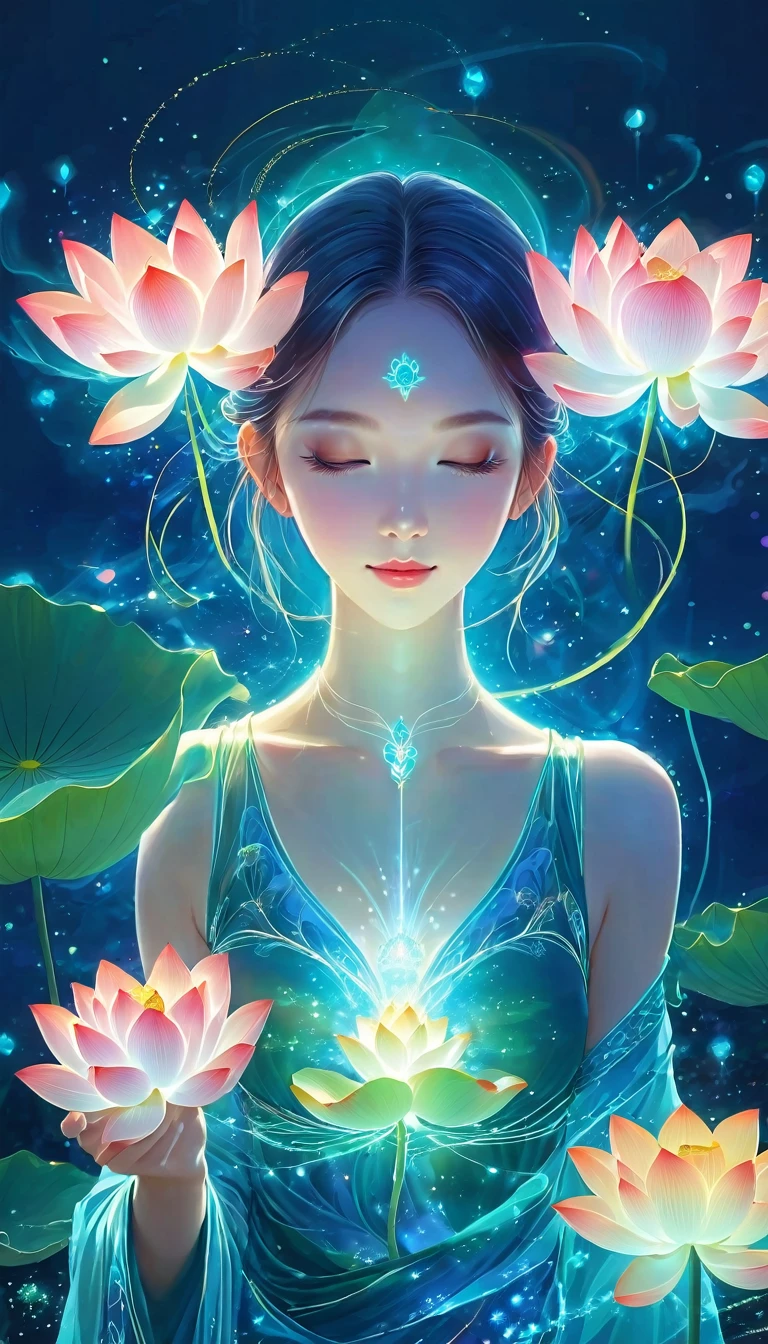 (masterpiece, best quality:1.2), Digital Art Style, Charming illustrations,Peace Pictures，1 girl, beautiful eyes，Hands together，Tall lotus，Solitary，Body Glow，Glowing Line，Fluorescence,Glow Example，Sample trace，flash，萤Light Particles，Backlight，translucent，Light Particles，Correct human anatomy，