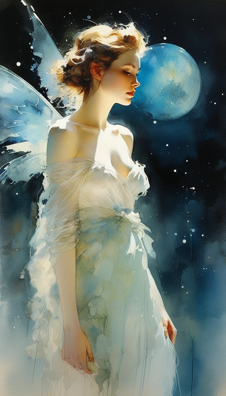 Morning watercolor, Highland Lake, Magical fairy tale, Shining in the neon light, Deep space sky, Styles (Jeremy Mann, Louis Icart, Valentin Serov, makoto kobayashi, Karol Buck) 