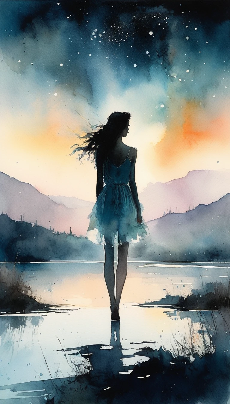 Morning watercolor, Highland Lake, Magical fairy tale, Shining in the neon light, Deep space sky, Styles (Jeremy Mann, Louis Icart, Valentin Serov, makoto kobayashi, Karol Buck)