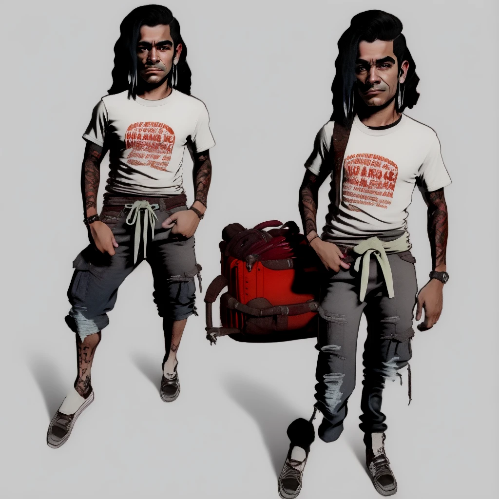 A headshot of a slightly masc hispanic girl with an alternative style, she has long jet black hair that is messy. she's dressed in a baggy band graphic short sleeve t-shirt accompanied with cargo pants she has a few face piercings. She is looking off to the side.
