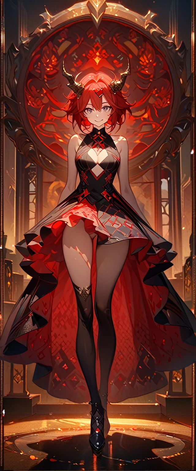 masterpiece, best quality, 8k ,4k , 1girl, age girl, dragon girl, red hair, gray eyes, big , slender waist, small waist, small thigh, horn, hair ornament, finely detailed eyes and detailed face, looking at viewer, Black sleeveless top, gradually transparent embroidery skirt, skirt to the knee, majestic looks, smiling gently, Lace dress, patterned clothes, red scale scattered pattern clothes, meticulous clothes, revealing clothes, mature clothes, majestic looks, smiling gently, small bird, full body, artist : ask, art style : ask