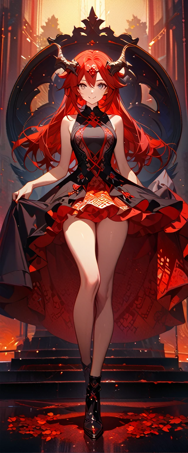 masterpiece, best quality, 8k ,4k , 1girl, age girl, dragon girl, red hair, gray eyes, big , slender waist, small waist,  small thigh, horn, hair ornament, finely detailed eyes and detailed face, looking at viewer, Black sleeveless top, gradually transparent embroidery skirt, skirt to the knee, majestic looks, smiling gently, Lace dress, patterned clothes, red scale scattered pattern clothes, meticulous clothes, revealing clothes, mature clothes, majestic looks, smiling gently, small bird, full body, artist : ask, art style : ask