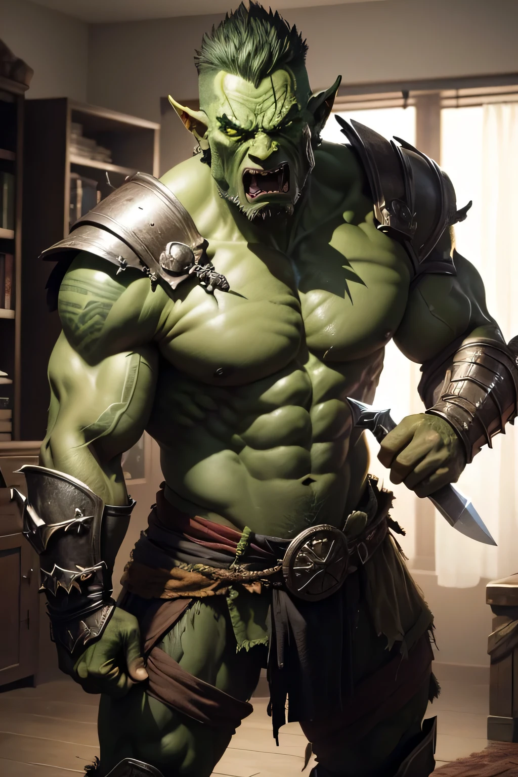 a high-resolution image of a fierce orc warrior standing in a battle-ready pose. The orc has green skin, muscular build, and sharp, menacing teeth. It is wearing leather armor with metal shoulder pads and wielding two large, curved swords. One hand holds a sword raised menacingly, while the other arm carries a round, worn shield. The background should depict a rugged, destroyed bedroom setting with hints of chaos and conflict. The orc's expression is one of rage, .