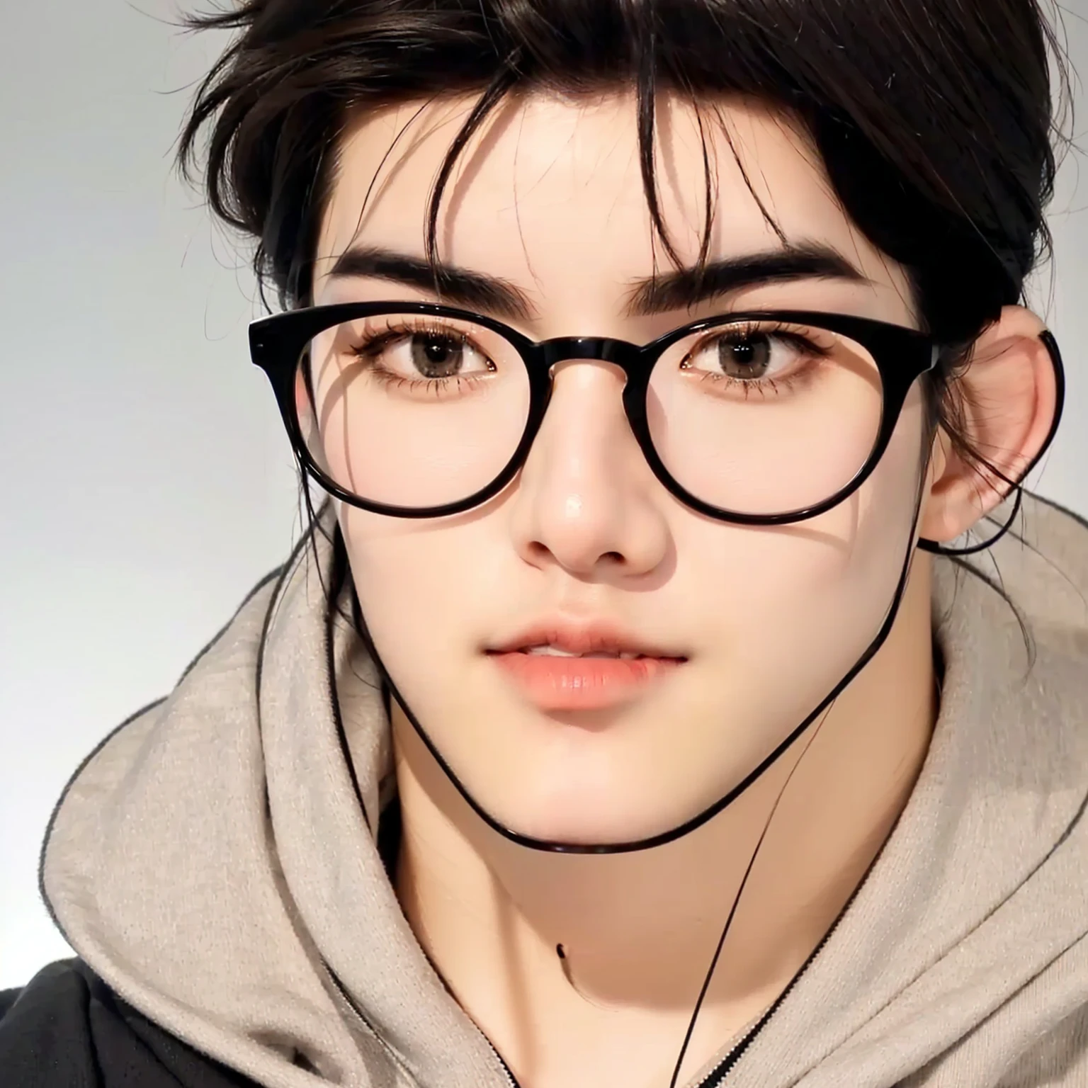 a close up of a person wearing glasses and a hoodie, handsome man,male style,with glasses, high quality portrait, realistic art style, realistic artstyle,handsome man