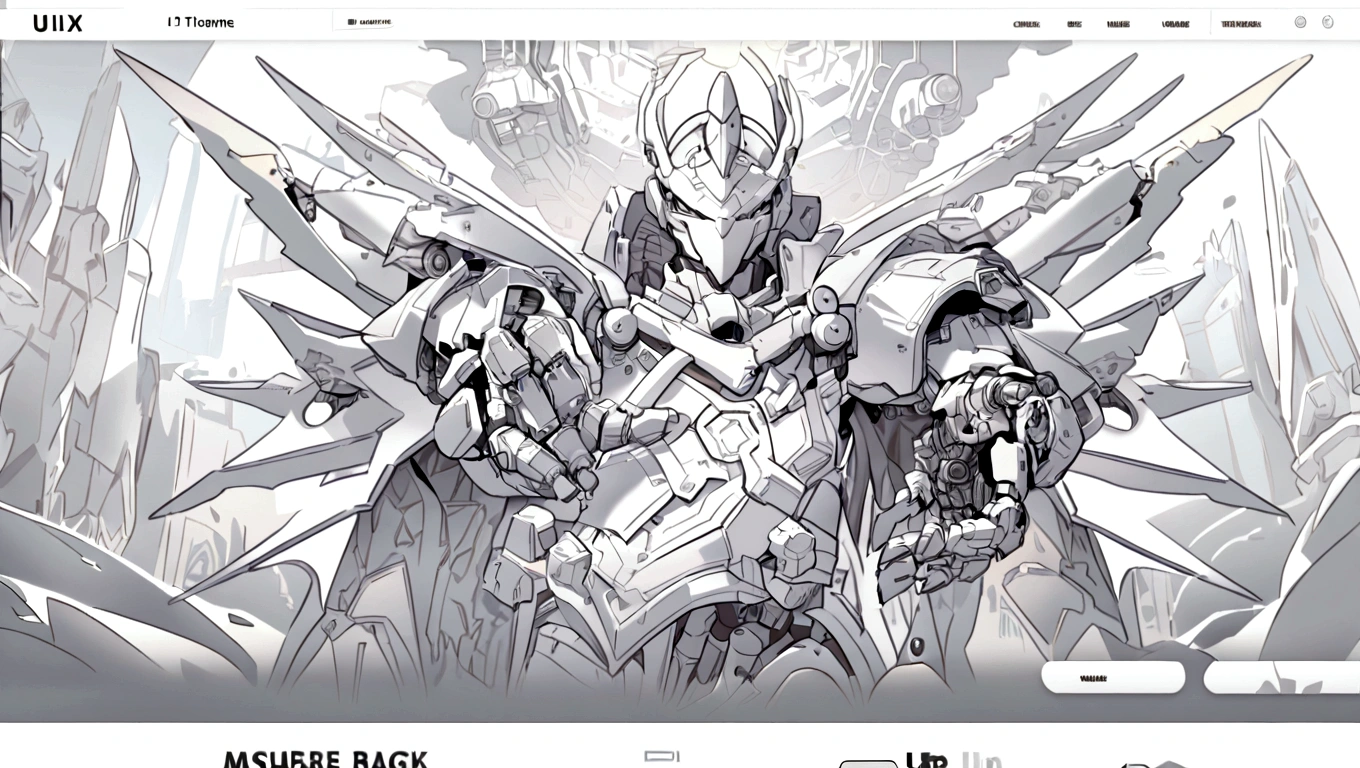 white hero page ui ux theme website, white and blue (mostly white) theme, robotic hand black and white silhouetter