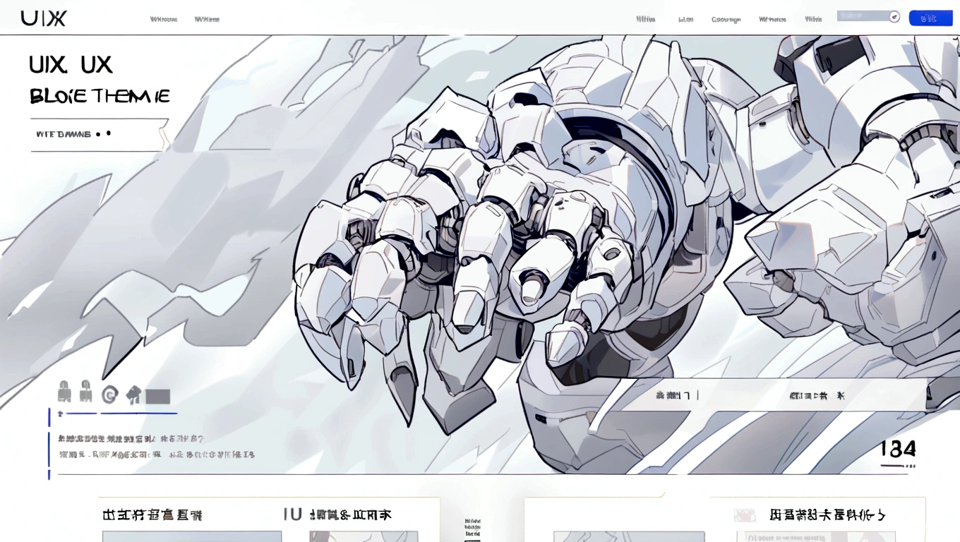 white hero page ui ux theme website, white and blue (mostly white) theme, robotic hand black and white silhouetter