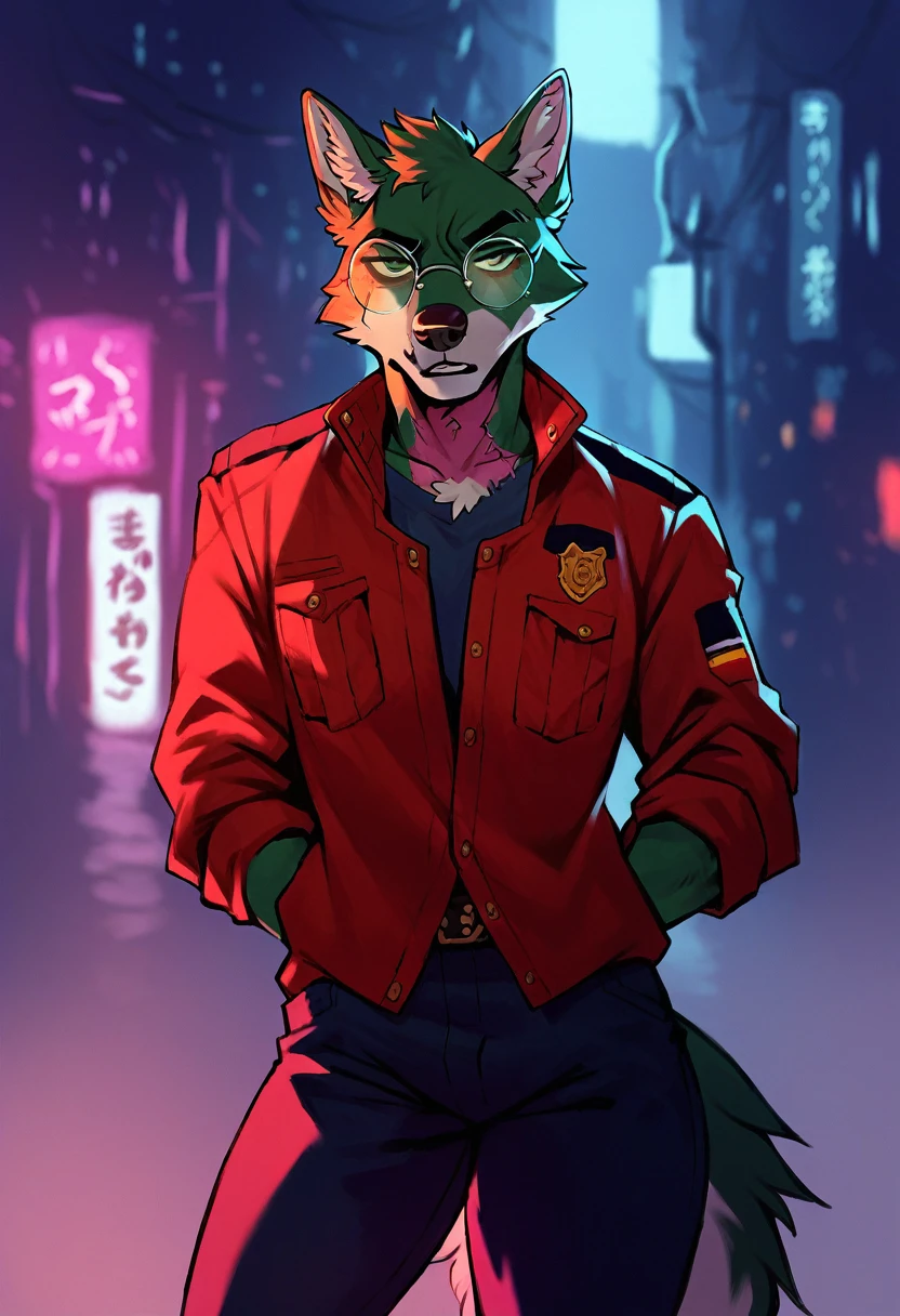 A cyberpunk-style anthropomorphic black wolf police officer, wearing red round glasses and cyberpunk-inspired clothing, standing in a cyberpunk city alley (like Night City) engaged in a shootout. The character should be fully in frame.