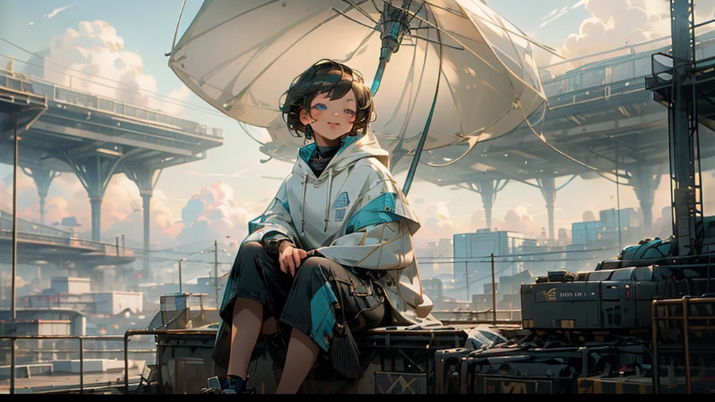 1 young asian girl, short hair, sitting, looking up at the sky, futuristic buildings, golden flying airship in the blue sky with flowing clouds, smiling, boyish, thin, wearing black shorts, white hoodie, black sneakers, (best quality,4k,8k,highres,masterpiece:1.2),ultra-detailed,(realistic,photorealistic,photo-realistic:1.37),cinematic lighting,beautiful detailed eyes,beautiful detailed lips,extremely detailed eyes and face,long eyelashes,intricate details,vibrant colors,dynamic composition,Short mash hair, short cut hair, blonde hair color, turquoise eyes