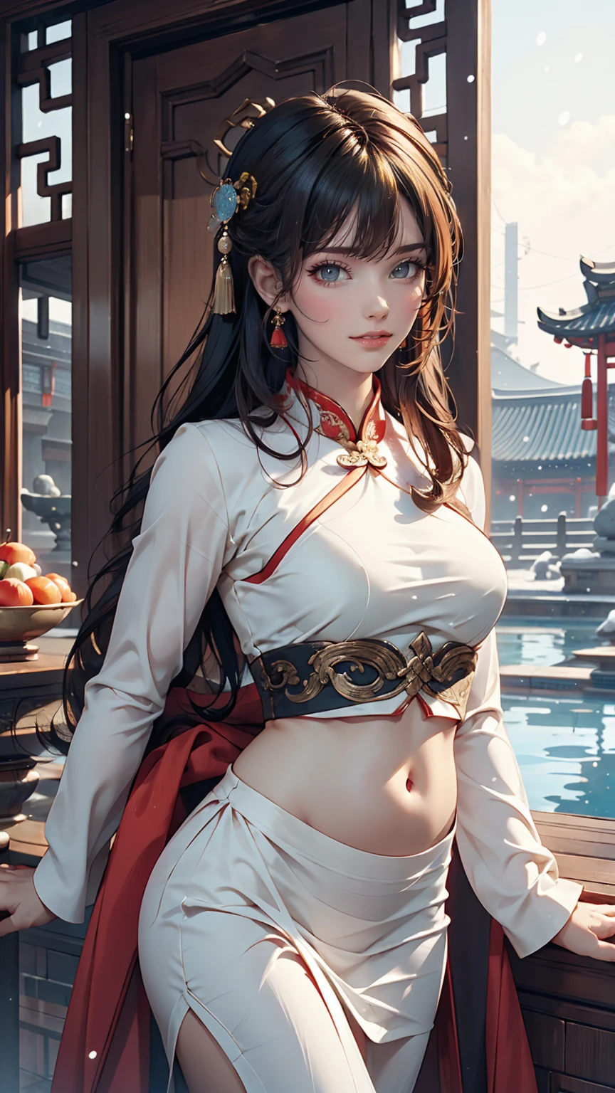 Elegant and intelligent classical Chinese woman, Wear a belly band, Standing at the door with a smile, Her skin is brighter than snow, Her eyes are like pools of clear water. There is a faint book-like atmosphere.