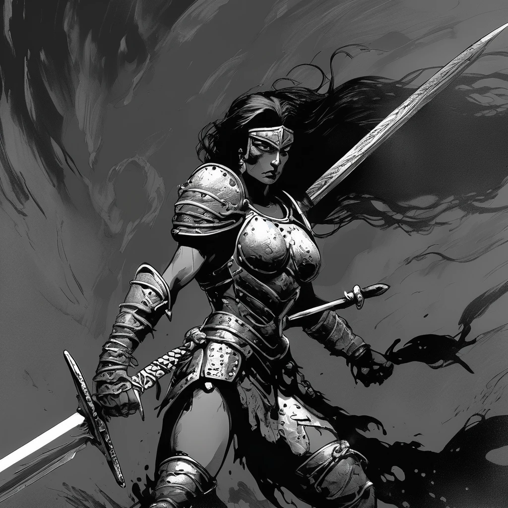 a warrior woman in black and white armor with a large sword thrusting down,Frank Frazetta style,detailed armor,detailed sword,dramatic pose,chiaroscuro lighting,dramatic shadows,moody atmosphere,cinematic composition,ultra-detailed,high contrast,gritty texture,photorealistic,masterpiece