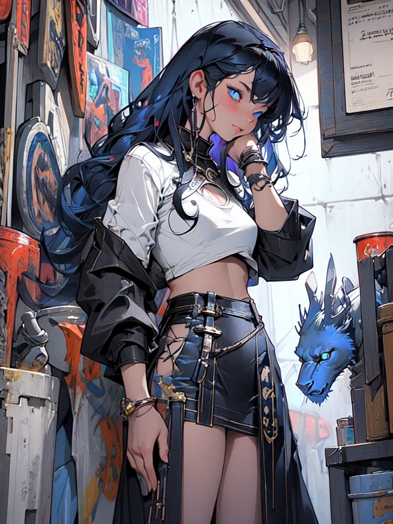 1girl,girl in Fantasy world in taverna drinks beer, blue lion eyes, black hair, white skin, small breasts ,slim waist and fit booty, she is a witch