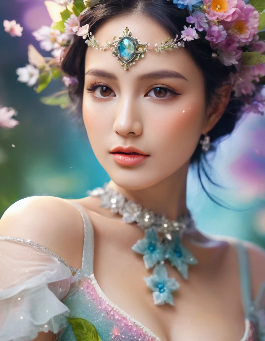 Close-up of busty woman in fairy costume and flower crown, Beautiful fairy, Fantasy art style, Fairy portrait, Fairy portrait, 8k high quality detailed art, Beautiful fairys, Fairy aesthetics, Beautiful fairy, Beautiful fantasy art, colorfull Digital fantasy art, Digital fantasy art ), beautiful adult fairy, Star Fairy, Fantasy Art Behance