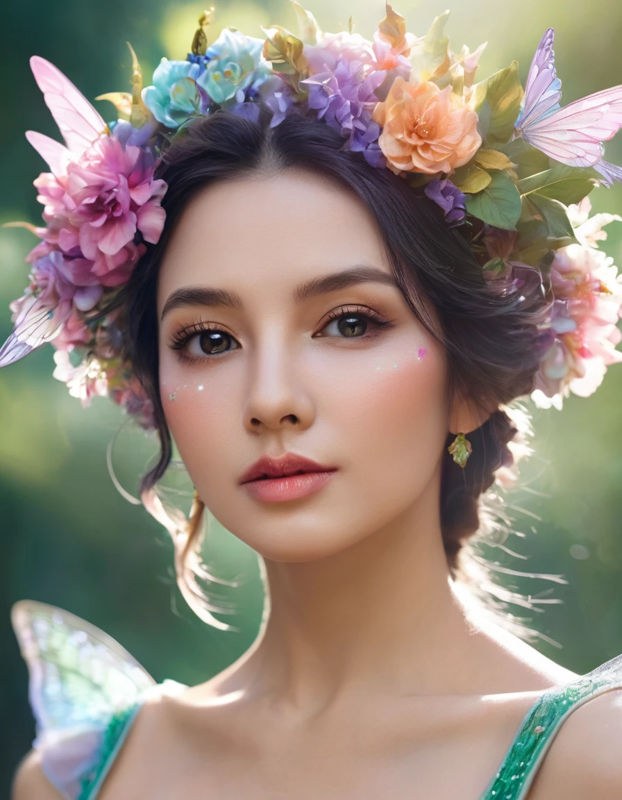 Close-up of busty woman in fairy costume and flower crown, Beautiful fairy, Fantasy art style, Fairy portrait, Fairy portrait, 8k high quality detailed art, Beautiful fairys, Fairy aesthetics, Beautiful fairy, Beautiful fantasy art, colorfull Digital fantasy art, Digital fantasy art ), beautiful adult fairy, Star Fairy, Fantasy Art Behance