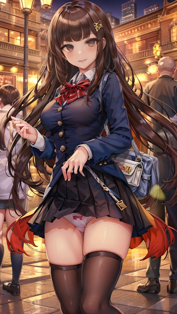 {Highest quality], [Super beautiful], [Ultra fine], [Best illustration], NSFW,Brown Hair, Hime cut, Long Hair, With bangs, girl,high school student,uniform,knit,skirt,smile, blush, Slender women, Adult women,Standing posture,(Public),Night Park,Summer festival,diagonal, Navy blue knee socks,Black Loafers、Stripes々
Panties、In underwear、Without skirt