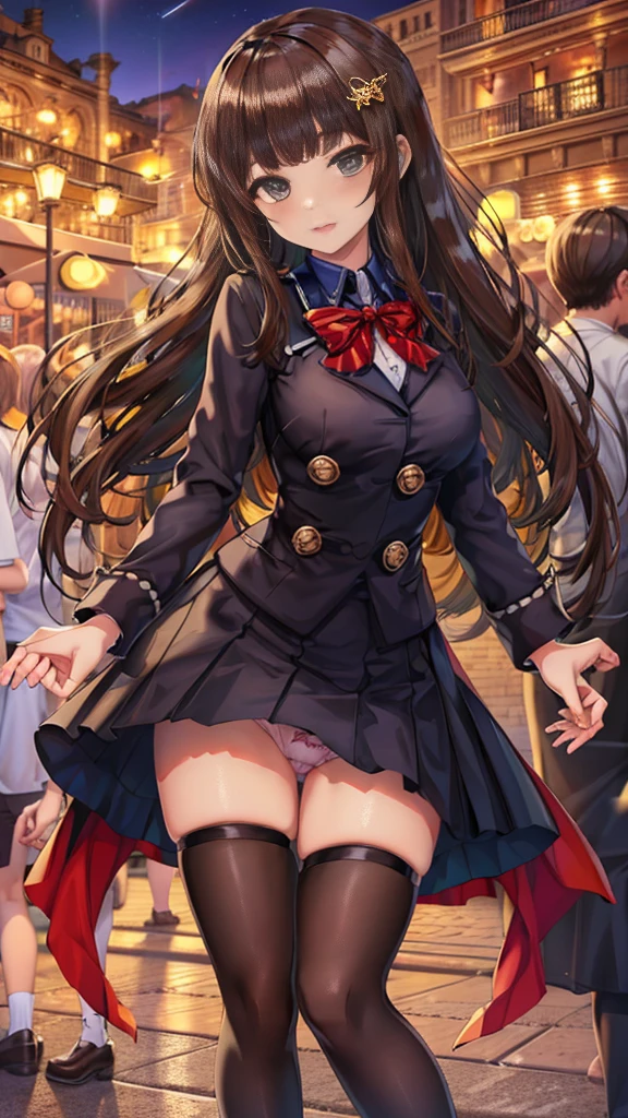 {Highest quality], [Super beautiful], [Ultra fine], [Best illustration], NSFW,Brown Hair, Hime cut, Long Hair, With bangs, girl,high school student,uniform,knit,skirt,smile, blush, Slender women, Adult women,Standing posture,(Public),Night Park,Summer festival,diagonal, Navy blue knee socks,Black Loafers、Stripes々
Panties、In underwear、Without skirt