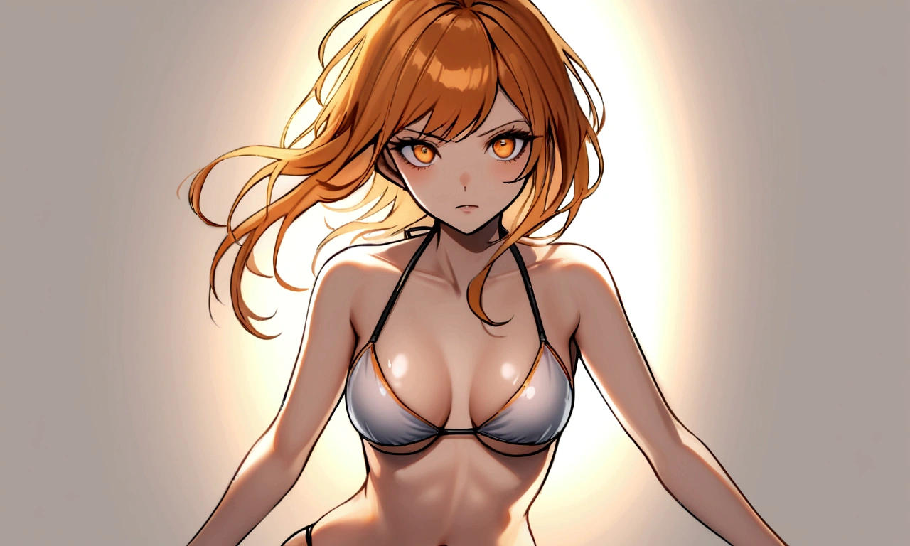 adachi_rei, a.i._voice, 1girl, orange_hair, orange_eyes, bikini, medium breasts, beautiful body,