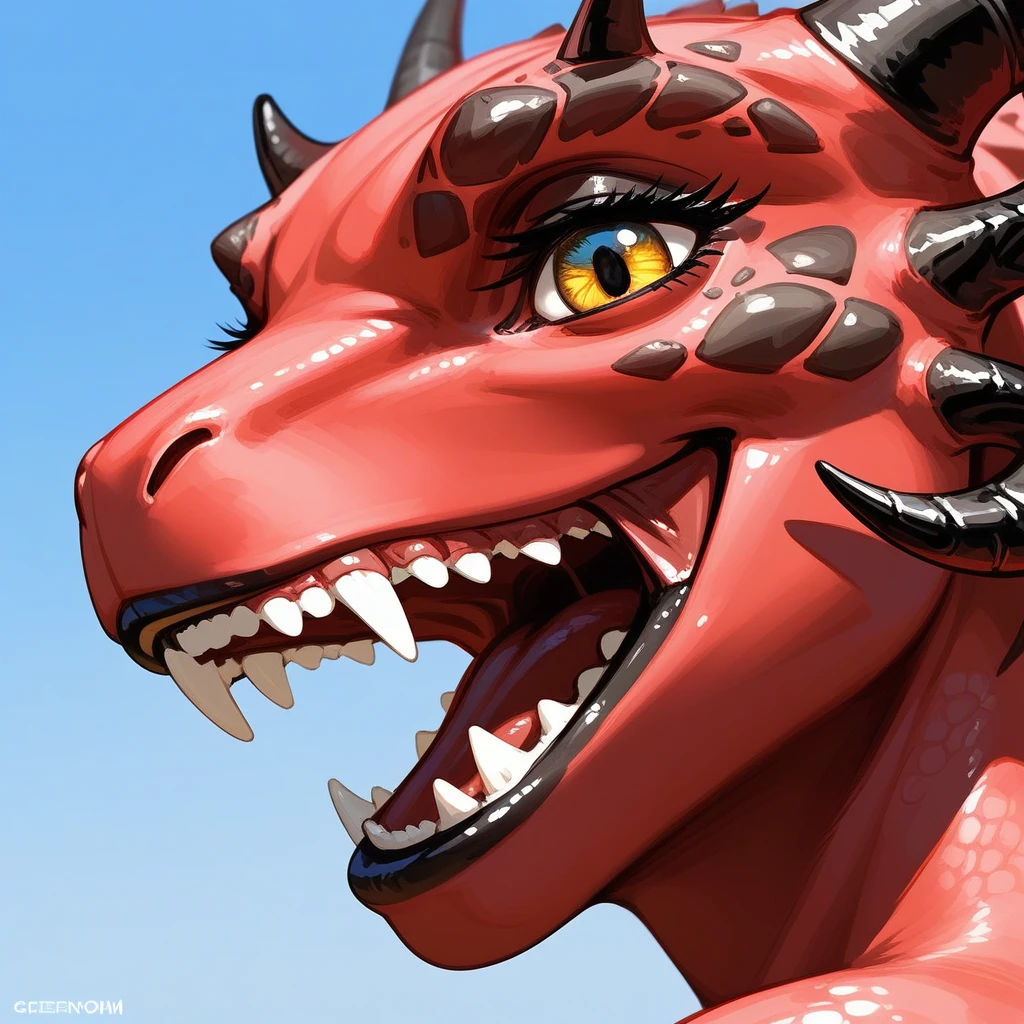 , score_9,score_8_up,score_7_up, anthro Argonian female from skyrim, Anthro reptile girl, snout, all red skin, black lips, black horns, black ram horns, black lips, naked, close up, portrait, lower face focus, upper face is cropped out, grinning, toothy grin, clenched teeth, side view