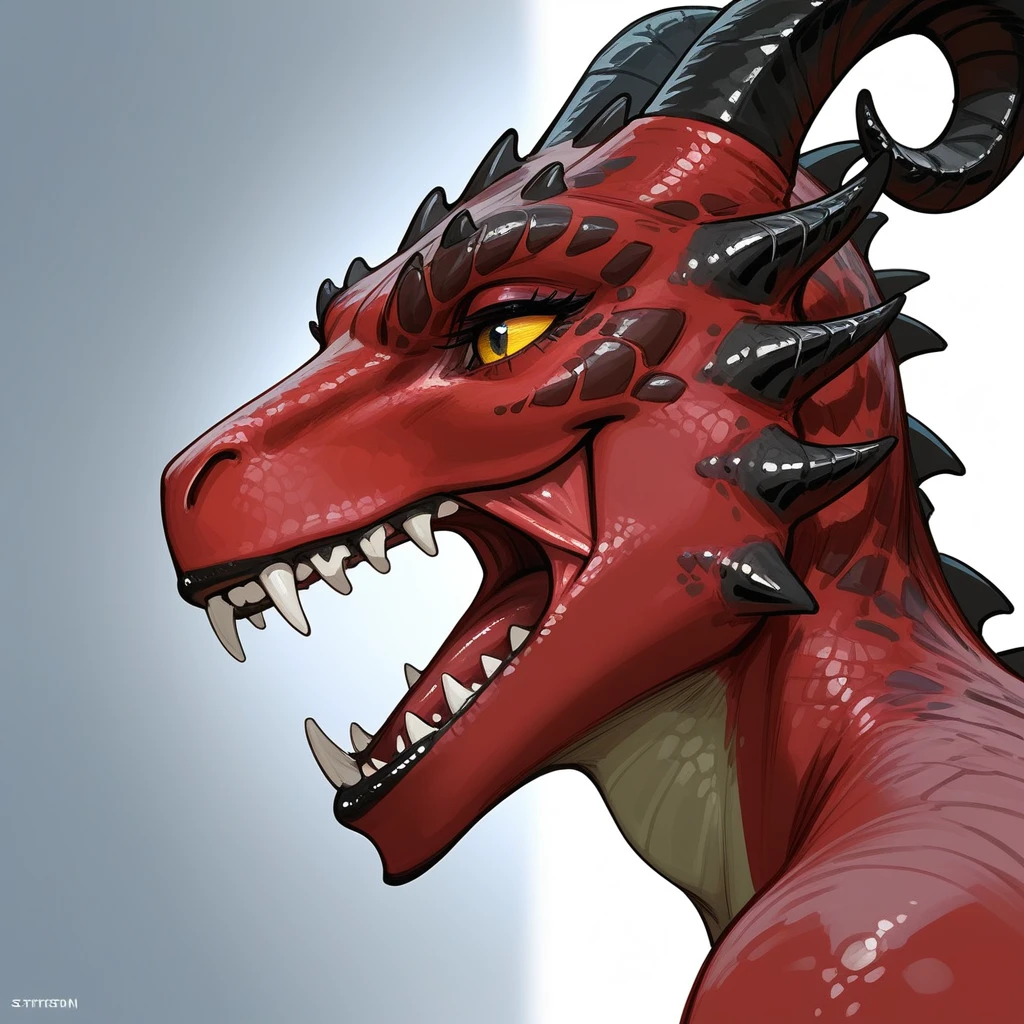 , score_9,score_8_up,score_7_up, anthro Argonian female from skyrim, Anthro reptile girl, snout, all red skin, black lips, black horns, black ram horns, black lips, naked, close up, portrait, lower face focus, upper face is cropped out, grinning, toothy grin, clenched teeth, side view