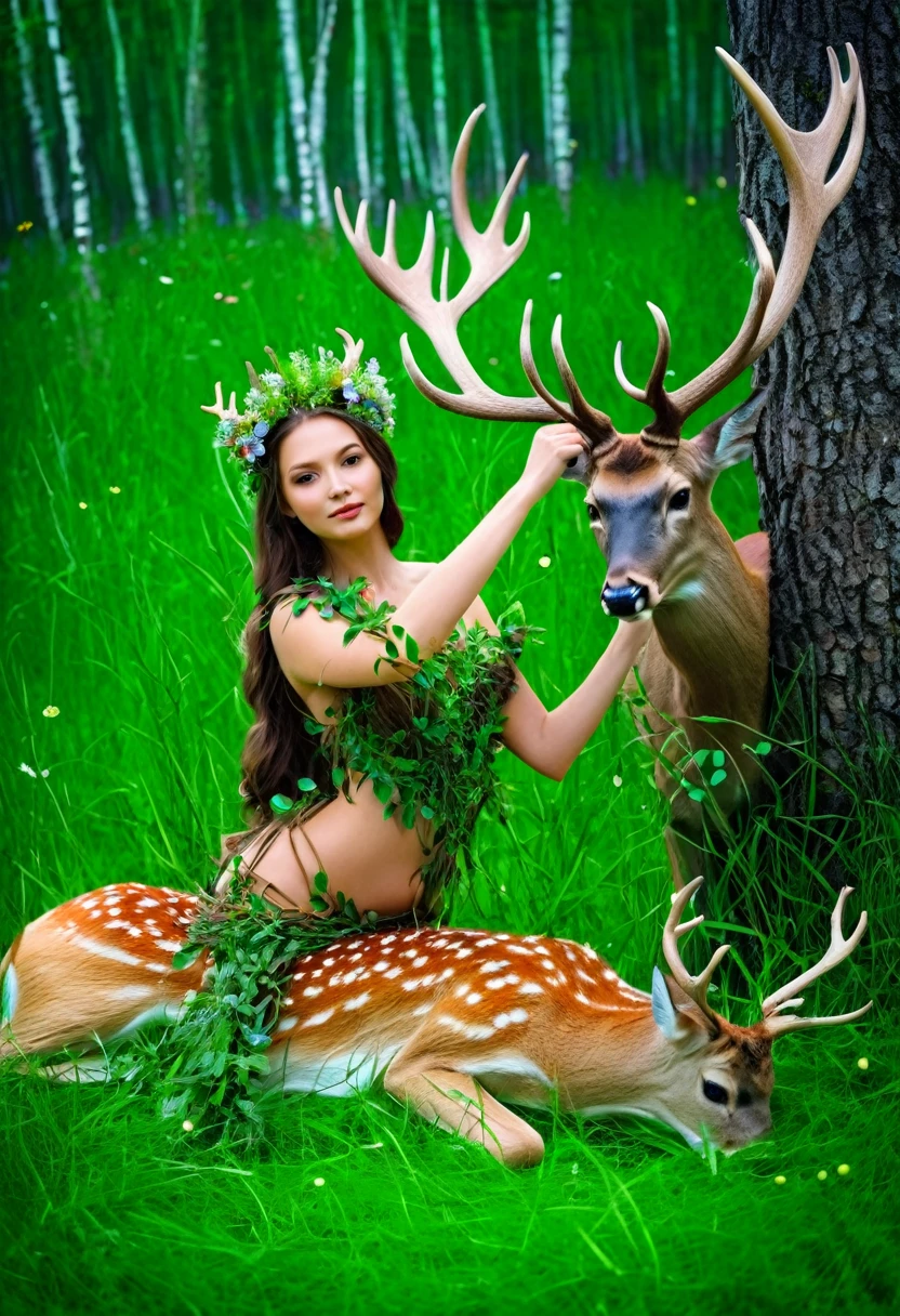 Forest nymph, beauty queen, clothed with herbs, stroking a deer with branching antlers, the antlers of the deer are decorated with grass and flowers, fairy tale, fantasy, legend