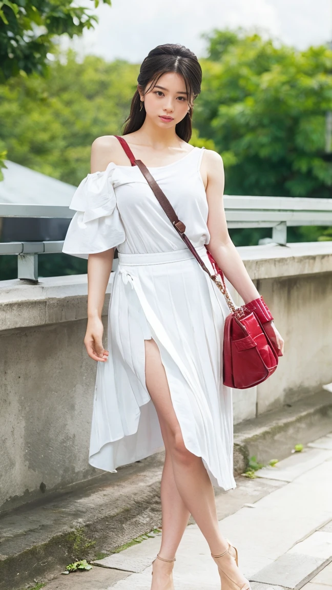 ((Viewing angle from below、(((The strap of the shoulder bag should be worn diagonally from the left shoulder to the right hip..:1.63)))、Highest quality、masterpiece、Every detail))、Descend the outdoor stairs、commute、systemic manifestations、tight white blouse、Pleated skirt、(((A strong wind blows my hair and skirt away:1.62)))、One Girl、(((No underwear:1.22)))、Big Breasts、barefoot, High heels、