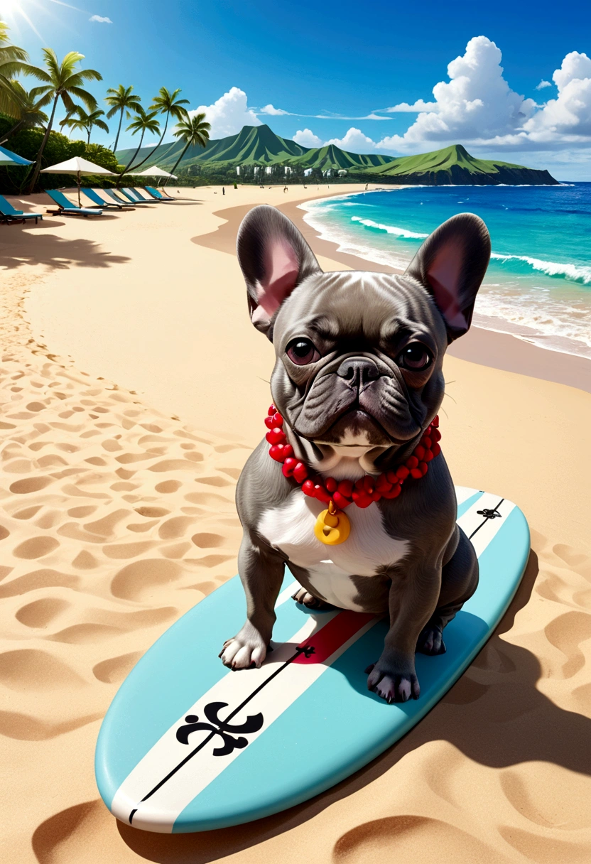 (Highest quality,4K,8k,High resolution,)A private beach in Hawaii at noon、Infinity symbol,3D Model,Colorful colors,Hawaii private beach background、pop、From the central viewer'Perspective、french bulldog iidsummer Style Fashion Style、Towards the beach、Full body surfing on a surfboard、face、Under the chin、stomach、head、feet、ear、all、Light grey skinned French bulldog、Very delicate