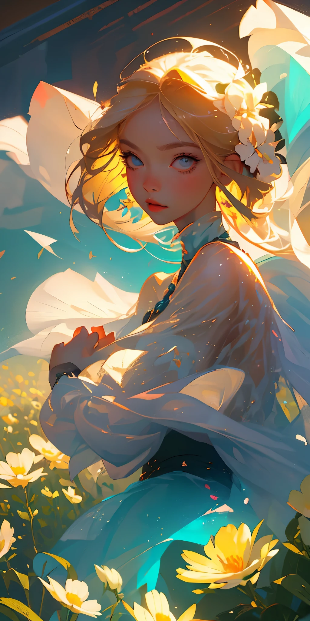 (best quality, masterpiece), 1girl, pose, particle, wind, flower, upper body, simple background, looking at viewer, focus on face, blonde,